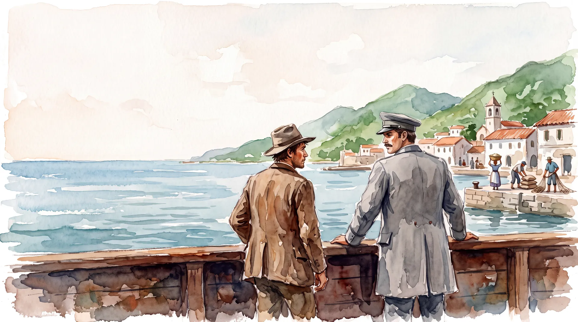 Watercolour: two young men in 1870s coats lean on a ship's rail, looking at a harbour town of white walls and red tile roofs below green mountains, with islanders at work on the quay.